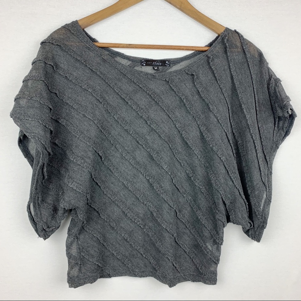 Have Dolman Sleeve Gauze Cross Fringe Gray Crop Top